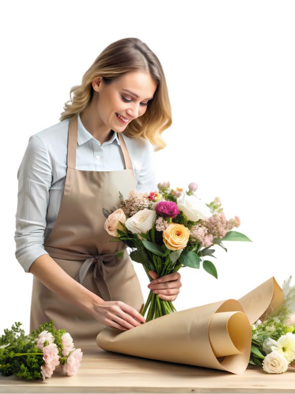 Florist wrapping a fresh flower bouquet in a flower shop