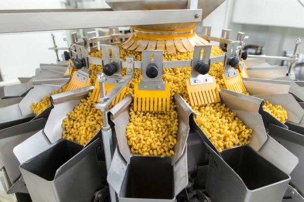 Food processing production line sorting and packaging items in factory