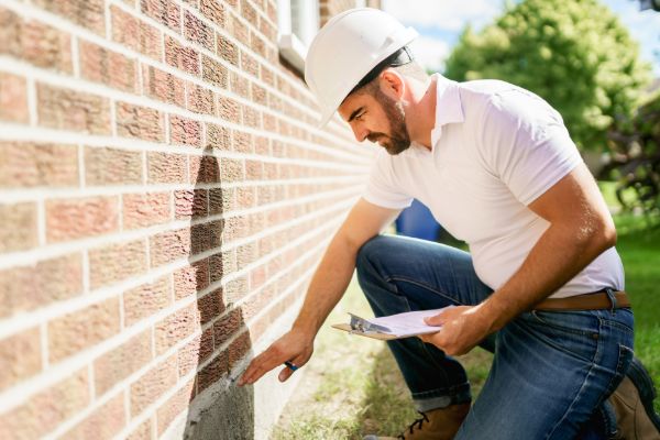 Inspector checking a home's exterior wall condition