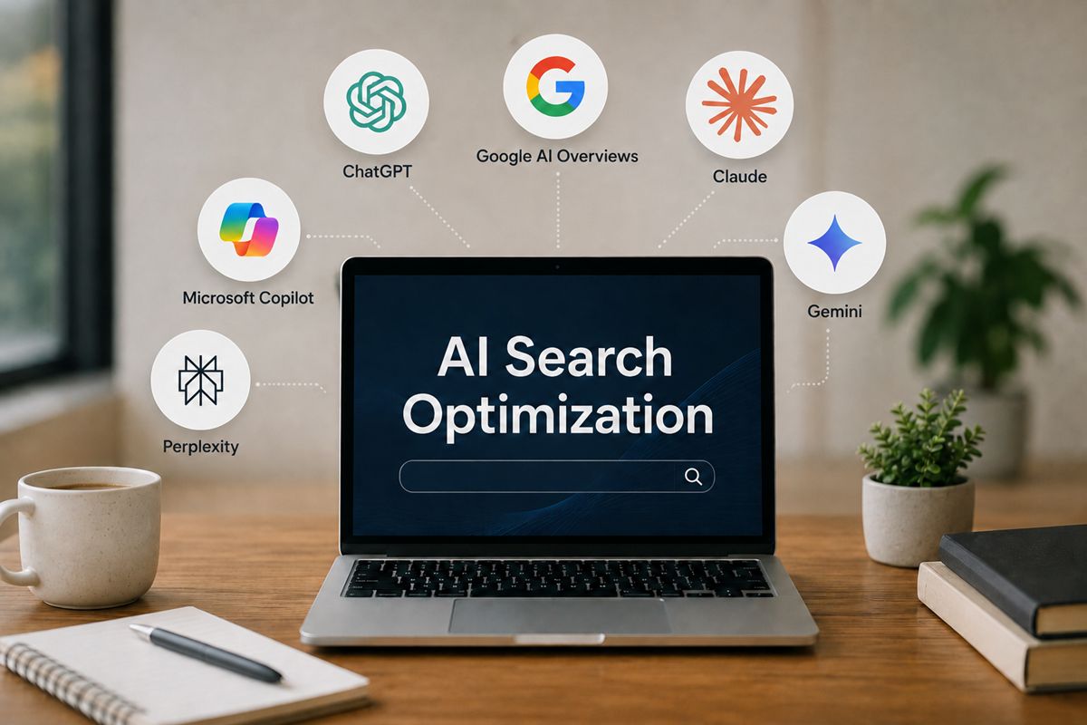 Laptop displaying AI Search Optimization with ChatGPT, Google AI Overviews, Claude, Gemini, Microsoft Copilot, and Perplexity logos