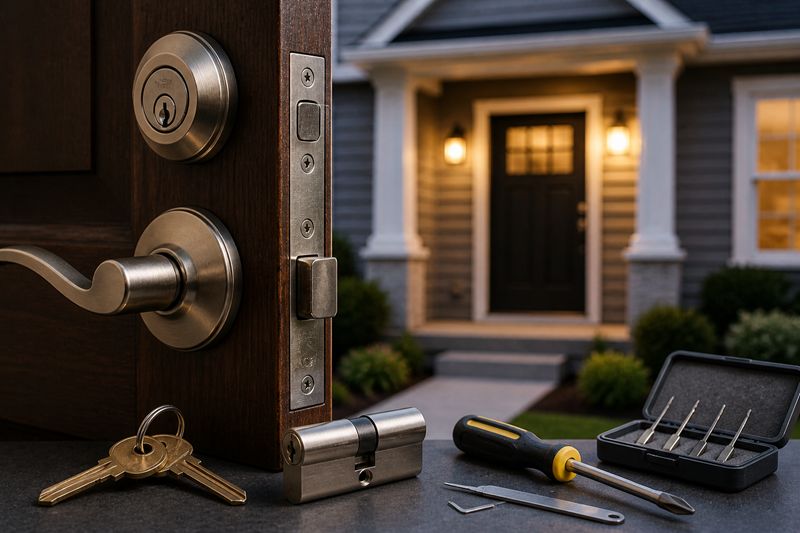 Close-up of a house door lock and handle