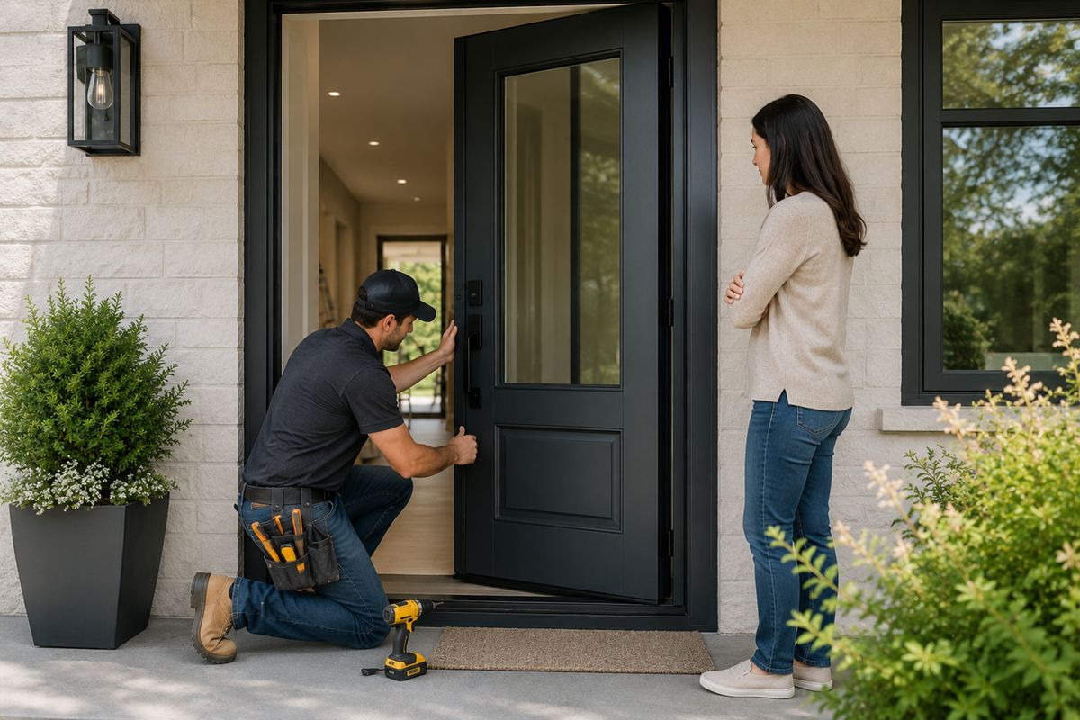 Homeowner watching a new front door being installed