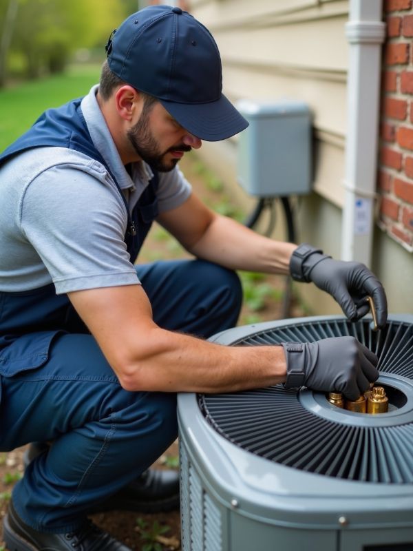 Technician repairing an outdoor HVAC unit