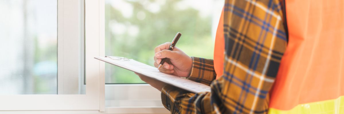 Close-up of inspector writing notes on a clipboard