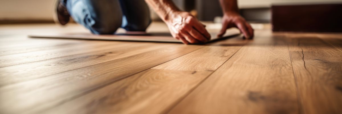 Close-up of laminate flooring being installed by a floor installer