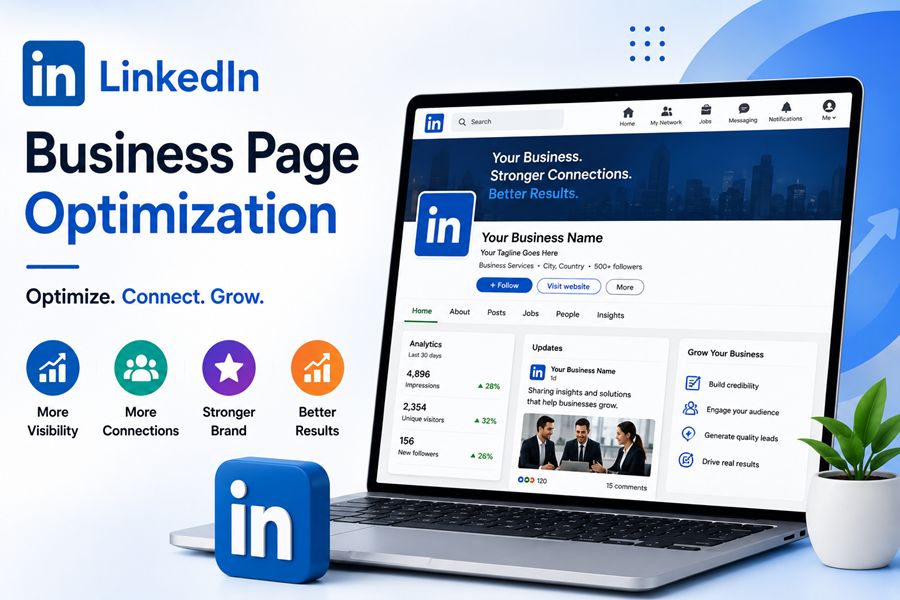 LinkedIn business page optimization dashboard on laptop screen