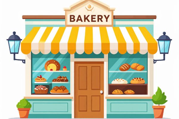 Illustration of a local bakery storefront with cakes, bread, and pastries on display
