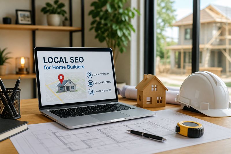 Local SEO for home builders workspace with construction plans and marketing strategy