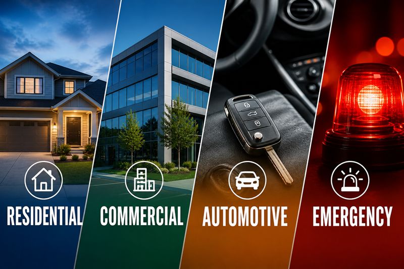 Different types of locksmith services including residential, commercial, automotive and emergency