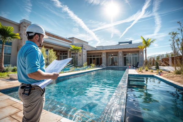 Inspector reviewing a modern home with outdoor area