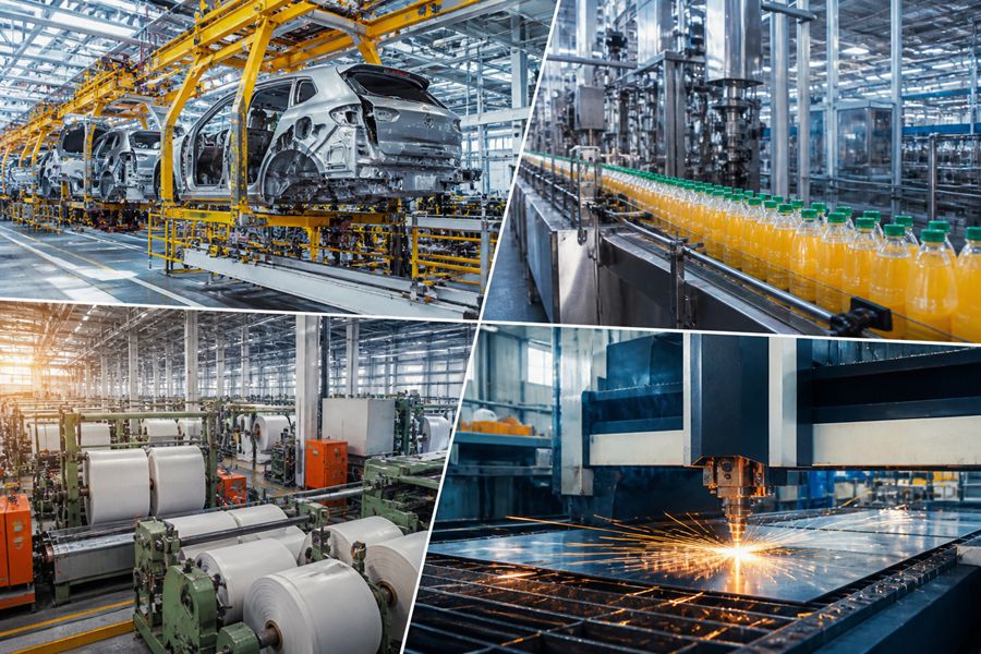 Different types of manufacturing industries working inside modern factories