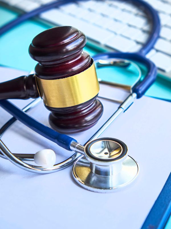 Medical malpractice law with a judge gavel and stethoscope on legal documents