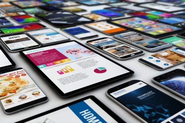 Collection of mobile app and website interface designs displayed on screens