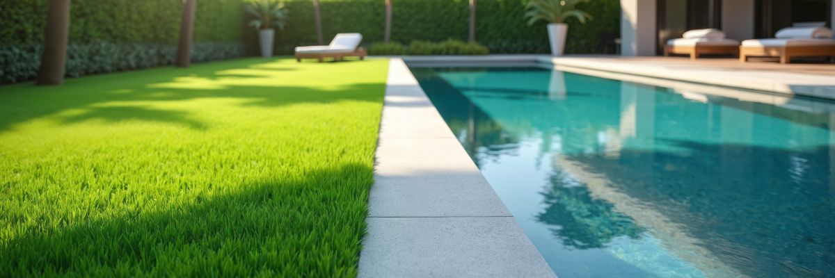 Modern outdoor swimming pool with landscaped backyard and minimalist design