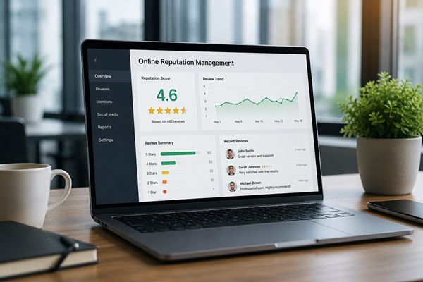 Online reputation management dashboard showing customer reviews and rating analytics