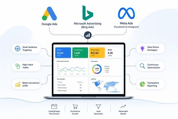 Performance marketing dashboard showing Google Ads, Meta Ads, and Microsoft Advertising campaign analytics and ROI tracking