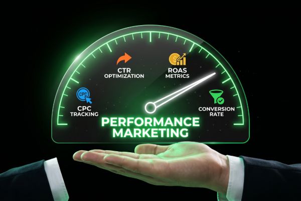Performance marketing dashboard showing ROI growth, conversions, and campaign tracking
