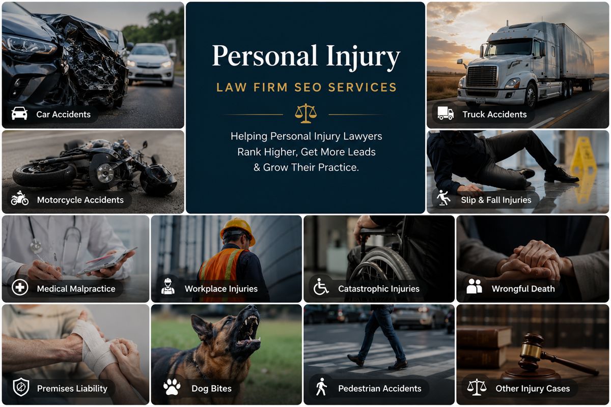 Personal injury law firm collage showing various practice areas