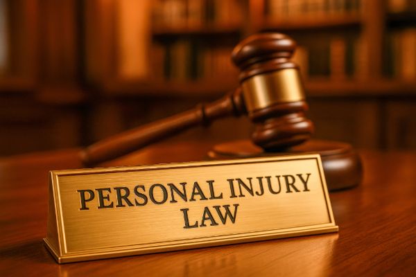 Personal injury law office with a judge gavel and legal nameplate