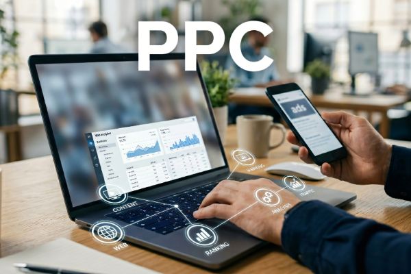 PPC performance marketing campaign setup with online advertising and conversion tracking dashboard