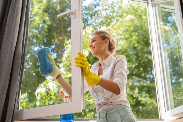 Woman cleaning residential house windows with glass cleaning supplies