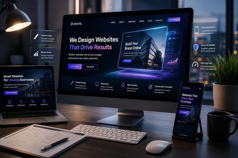 Responsive website interface shown across multiple devices