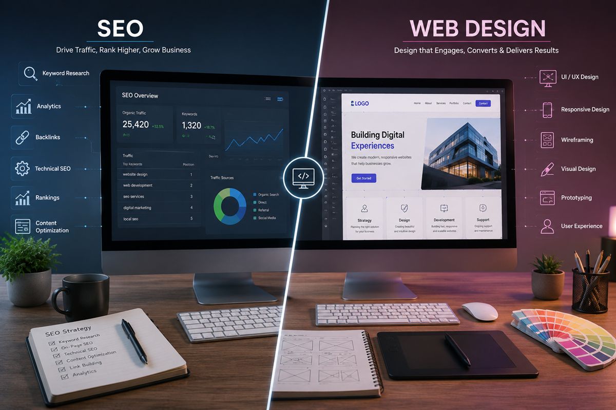 Split-screen illustration showing SEO analytics and website design workspace setup