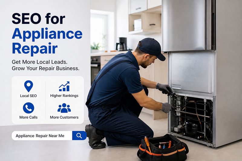 Technician repairing refrigerator in kitchen for appliance repair services with local SEO marketing concept