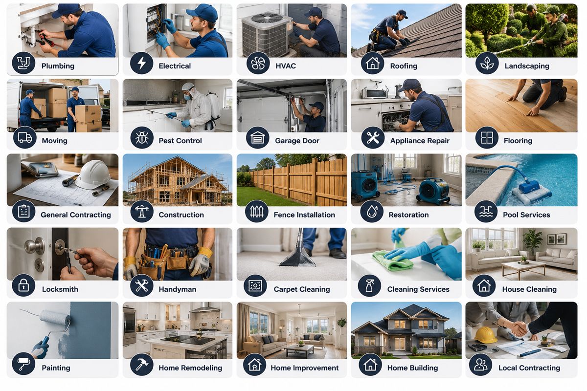 Service area business industries including plumbing, electrical, HVAC, roofing, landscaping, cleaning and home improvement