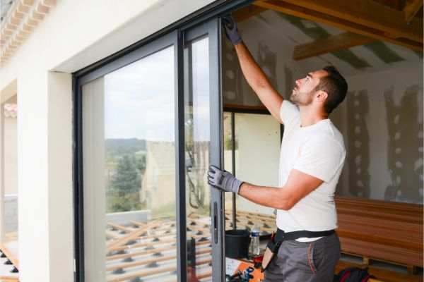 Installer fitting a sliding glass door in a home