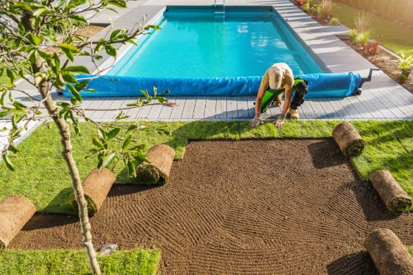 Backyard swimming pool landscaping and outdoor renovation project in progress