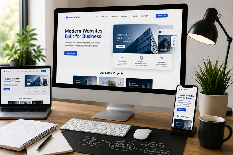 Web design workspace showing desktop, laptop and mobile devices