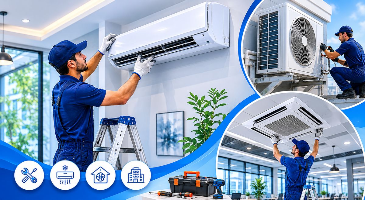 Professional technician installing an air conditioner