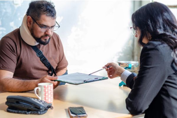 Accident lawyer meeting with a client to discuss a case