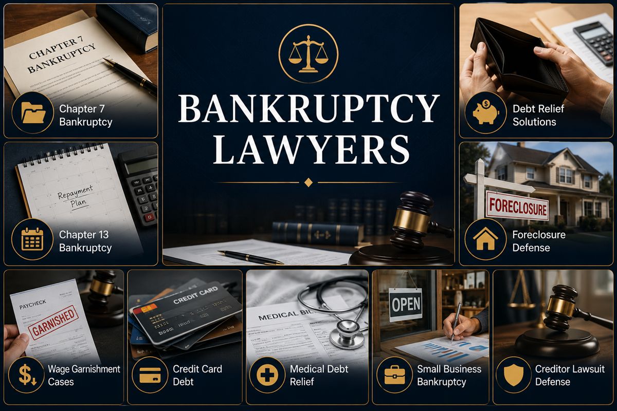 Bankruptcy lawyer practice areas including Chapter 7 bankruptcy, Chapter 13 bankruptcy, debt relief, foreclosure defense, wage garnishment, medical debt, and small business bankruptcy