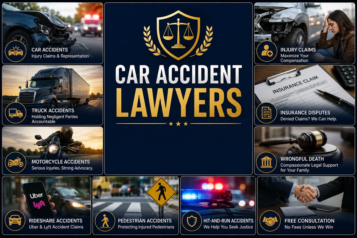 Car accident lawyers practice areas including car accidents, truck accidents, motorcycle accidents, rideshare accidents, injury claims, insurance disputes, wrongful death, pedestrian accidents, and hit-and-run cases