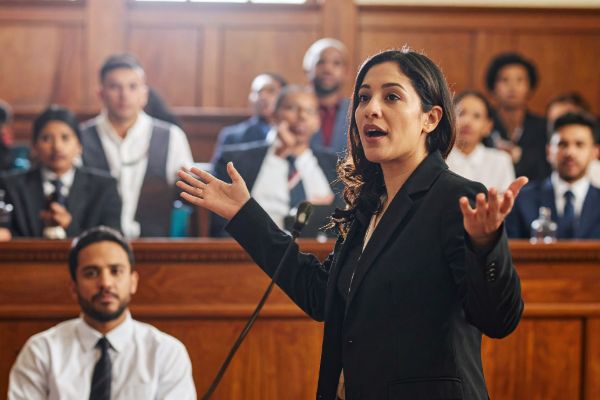 Criminal defense attorney presenting a case in courtroom proceedings