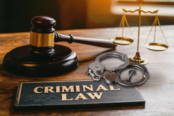 Criminal law book with judge gavel and handcuffs on courtroom desk
