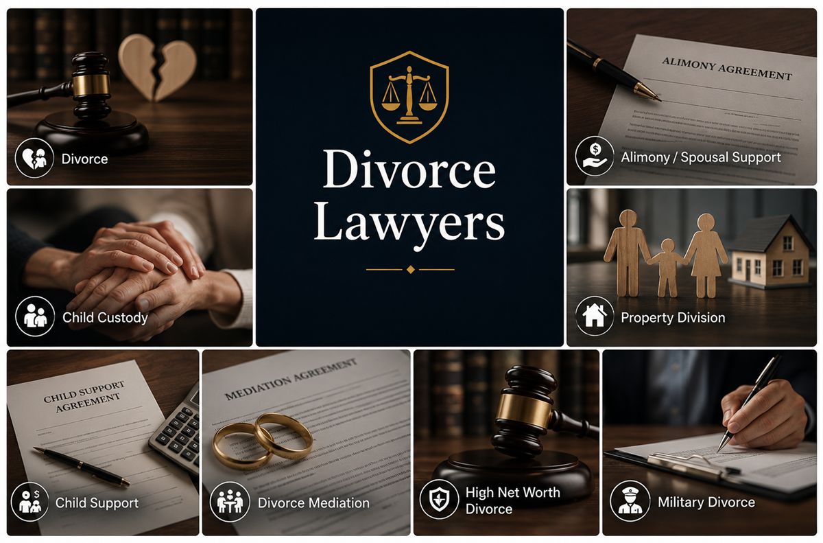 Divorce lawyer practice areas including child custody, child support, alimony, property division, mediation
