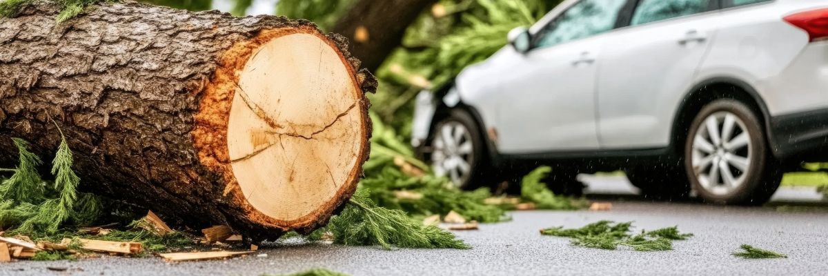 Fallen tree requiring emergency removal after storm damage