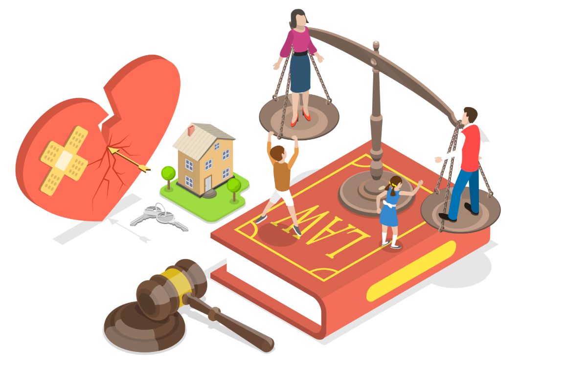 Illustration showing divorce, child custody, and family law matters
