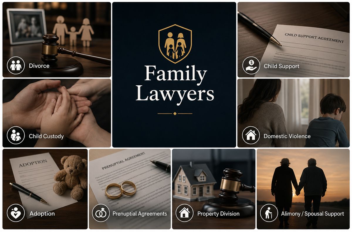Collage showing common family law matters including divorce, child custody, adoption, child support, property division, and alimony