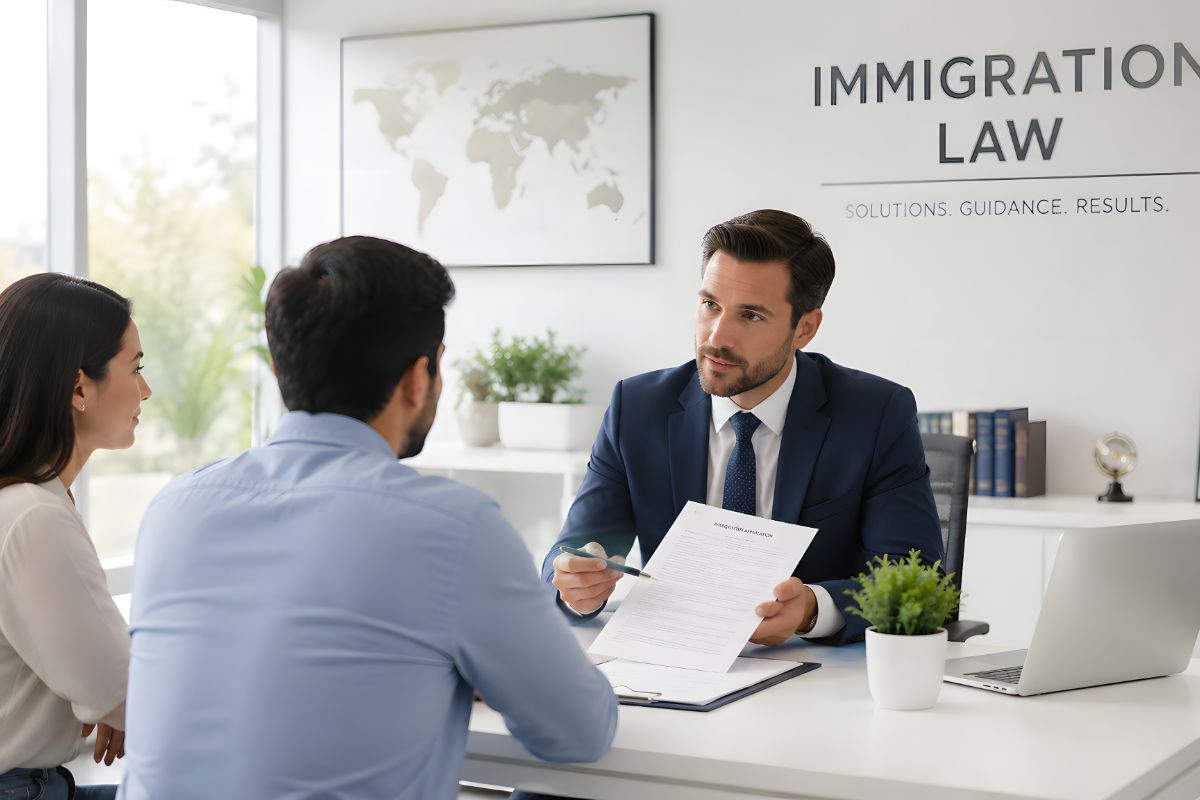 Immigration lawyer consulting with clients about immigration matters