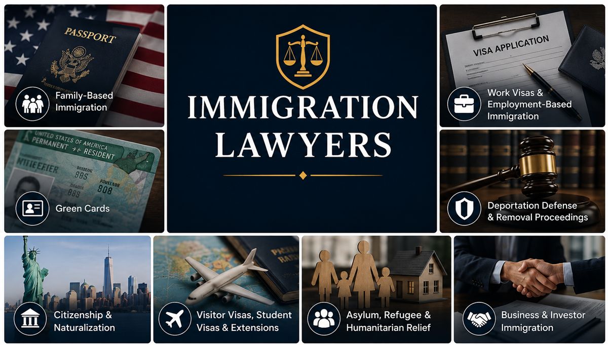 Immigration lawyer practice areas including family-based immigration, green cards, citizenship, work visas, deportation defense, asylum, and business immigration