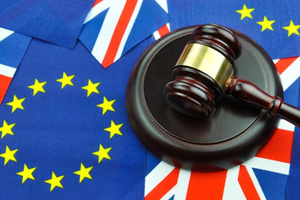 International immigration law concept with legal gavel and global flags
