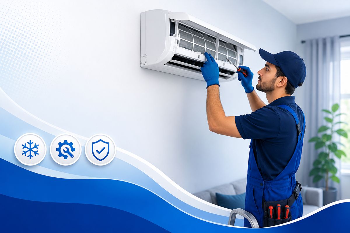 Professional AC repair technician servicing a wall-mounted air conditioner in a modern home interior