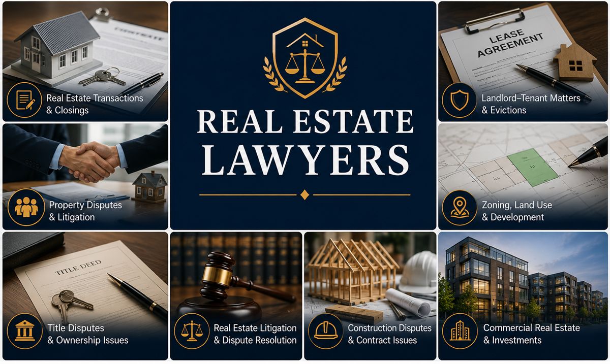 Real estate lawyers practice areas including property transactions, landlord-tenant matters, zoning and land use, title disputes, real estate litigation, construction disputes, and commercial real estate matters