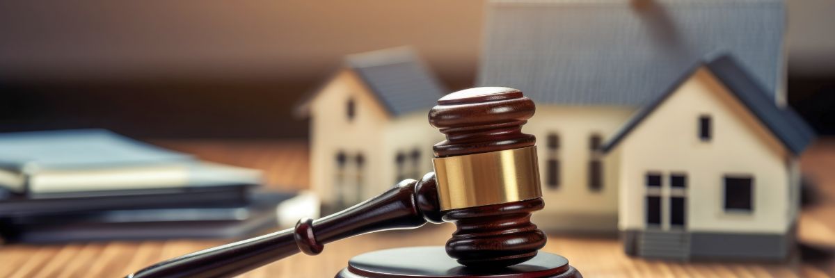 Gavel and model homes representing real estate legal matters