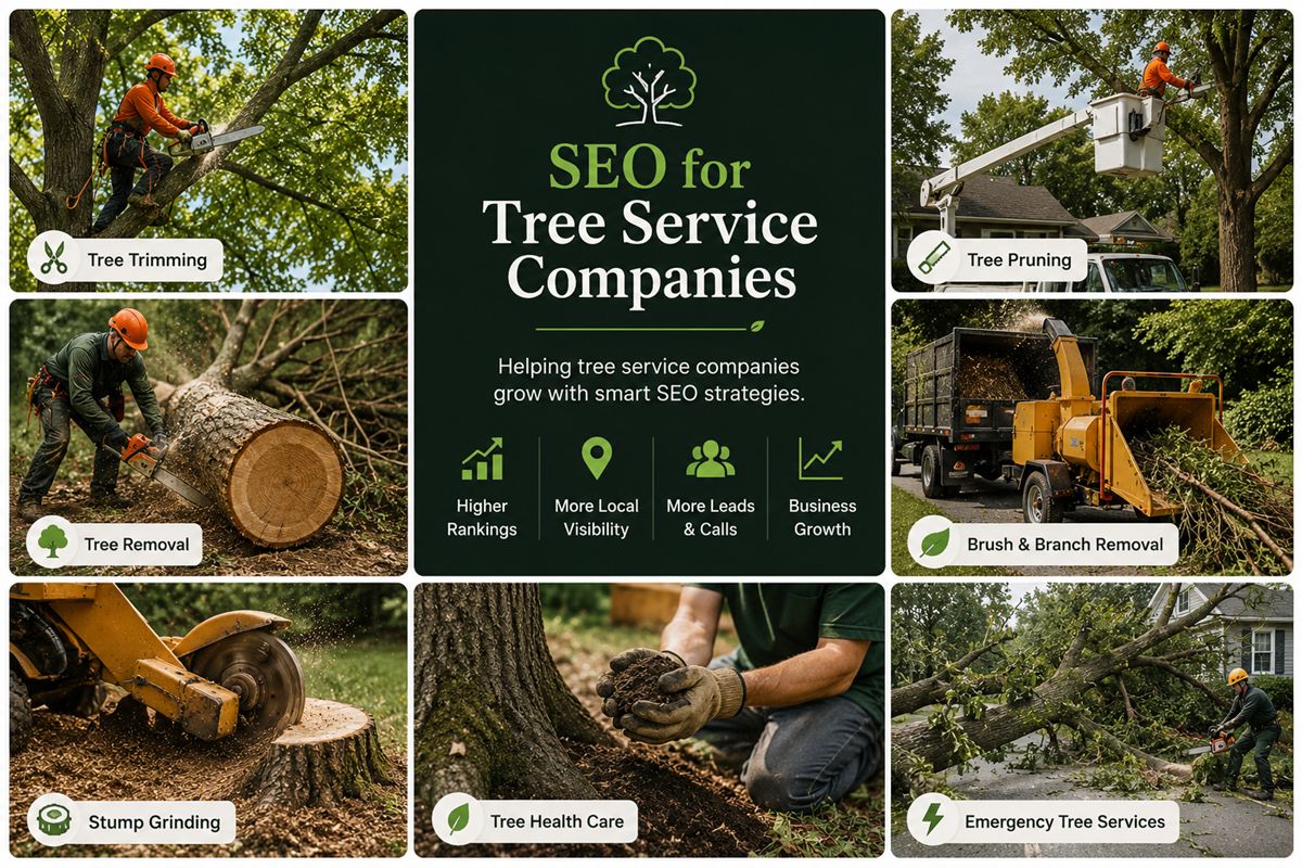 Tree services collage featuring tree removal, trimming, pruning, stump grinding, and tree care work