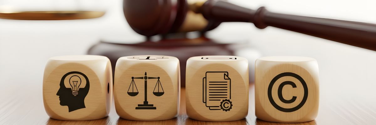 Intellectual property protection represented by patent and copyright symbols